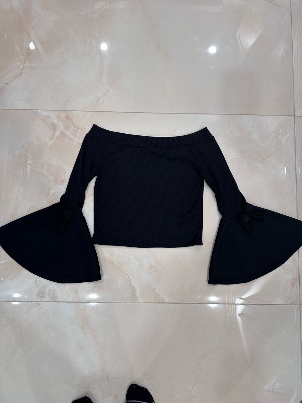 Milano Black Off-Shoulder Crop Top with Flared Bell Sleeves